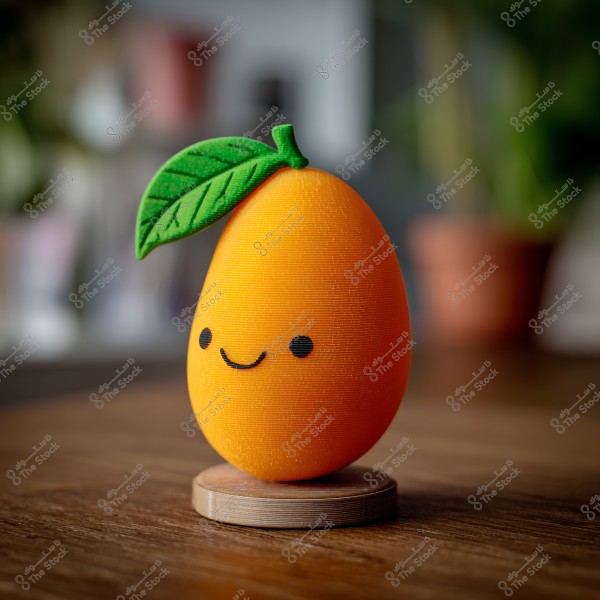 An image of a small figurine shaped like a round orange fruit with a drawn smiling face. The figurine is adorned with a green leaf on top and is placed on a wooden base. The background is blurry, suggesting an indoor setting with potted plants.