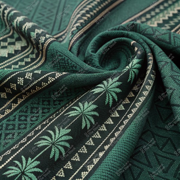 An image of a rich green fabric featuring a traditional pattern consisting of geometric designs and palm trees. The fabric displays interwoven shades of light and dark green along with white, reflecting a cultural essence that may be associated with Saudi Arabia.