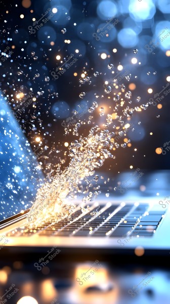 An image of a laptop with water droplets splashing over the keyboard, set against a background filled with bright and soft blue lights. The light reflecting on the water creates a shimmering effect, adding an aura of mystery and beauty.