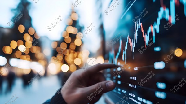 An image of a hand touching a touchscreen displaying a financial chart with zigzag lines, indicating stock market or currency data. The background features blurred lights resembling city evening lights, adding depth and visual interest to the image.