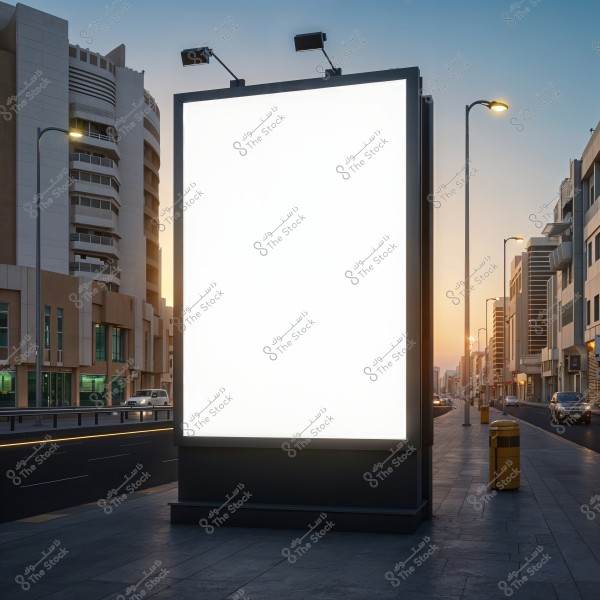 A large, blank billboard in an urban street during sunset. Modern buildings and streetlights illuminate the road on both sides. A car drives by next to yellow trash bins, with the sky displaying beautiful color gradients.