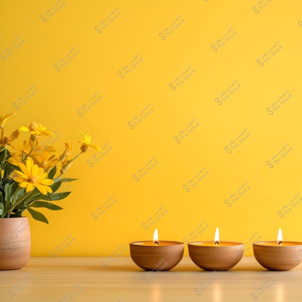An image featuring a wooden vase with yellow flowers and green leaves on the left, accompanied by three lit candles placed on a wooden table. The background is a bright yellow, adding a vibrant and lively feel to the scene.