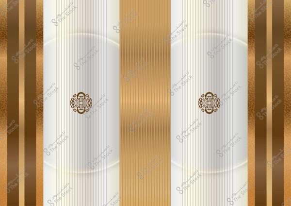 Design with golden motifs and vertical brown and gold stripes on a light white background. The pattern features circular shapes and contemporary engravings.