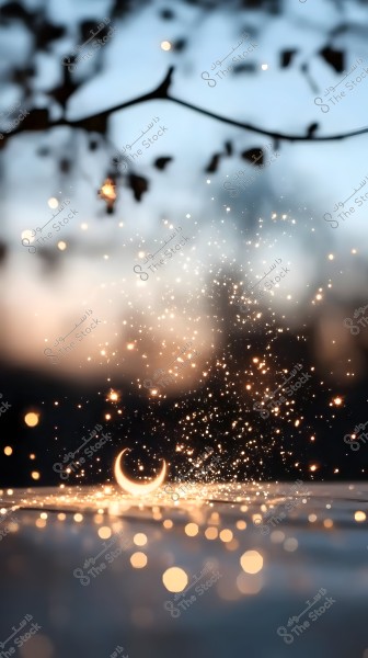 An image focuses on an illuminated crescent surrounded by sparkling particles, appearing to float in the air. The background is blurred, showing a silhouette of a tree branch with some dark leaves against a twilight sky, adding a magical atmosphere to the scene.