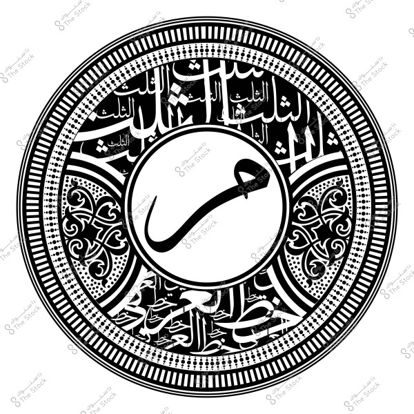 صورة فنية بالخط العربي تحتوي على حرف "ح" في المنتصف مع تفاصيل زخرفية ودائرية محيطة به بخطوط وعبارات عربية.

-