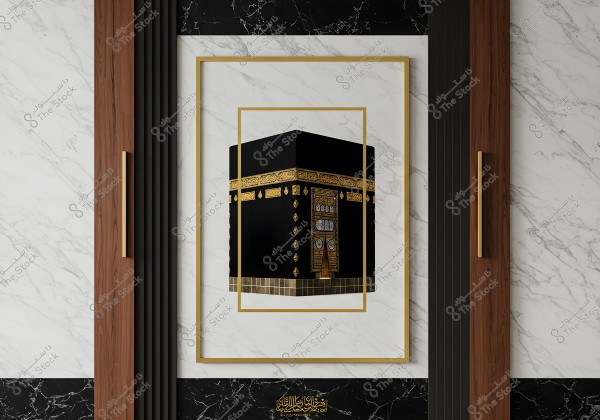 Artistic frame with an image of the Kaaba, featuring a gold outline around it. The frame is adorned with golden patterns and is set against a marble wall with two colors, white and black, with wooden details on the sides. At the bottom, there is golden Arabic calligraphy decorating the lower edge.