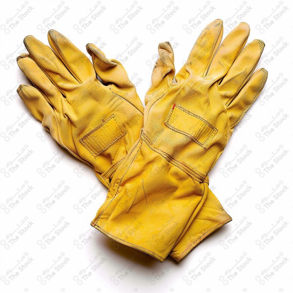 Pair of used yellow work gloves on a white background, showing signs of wear and tear, suitable for construction, gardening, and industrial use