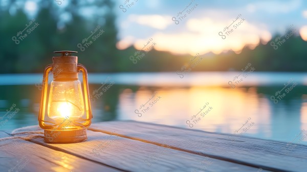 An old lit gas lantern placed on a wooden ledge overlooking a lake. The lantern\'s light highlights the brown wood while the sunset light reflects on the calm water. In the background, there are trees and silhouettes creating a serene natural scene.