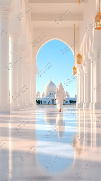 A man wearing a white robe walks through a corridor adorned with white columns and arches, with golden lanterns hanging between the pillars. In the background, there is a large mosque dome surrounded by a clear blue sky. The lighting gives the scene a sense of tranquility and serenity.