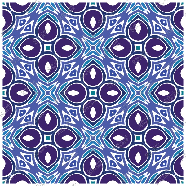 Repeated geometric pattern in blue and purple with interlocking oval shapes and stars.