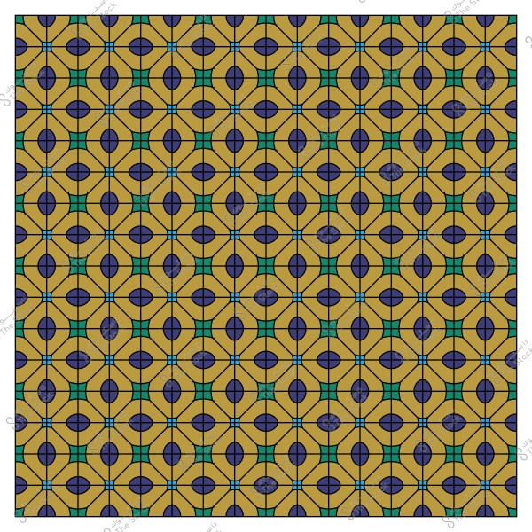 نمط هندسي مكرر بأشكال دائرية ومضلعات بألوان ذهبية وزرقاء وخضراء.