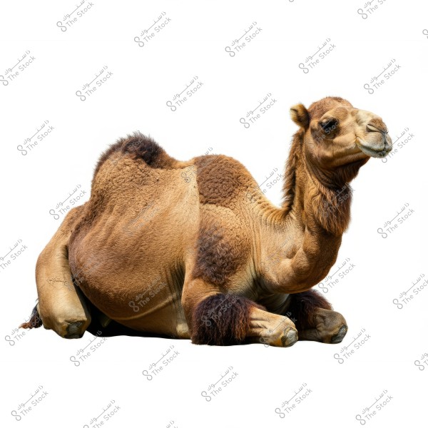A light brown camel lying on the ground with darker brown areas on its back and legs, set against a white background. The camel has a round face with a calm expression and detailed textures on its fur.