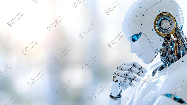 The image features a sleek white robot with a highly futuristic design. The robot is gazing forward with its hand on its chin as if in deep thought. The background is blurred with light colors, highlighting the intricate mechanical details of the robot, such as its joints and wires, which include blue wiring and golden accents.
