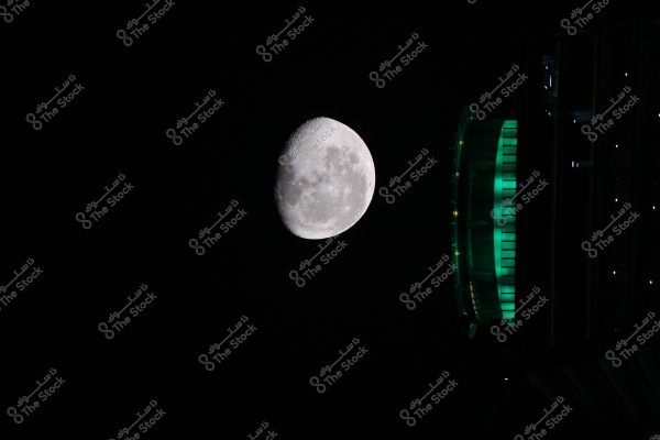 An image of the moon in the dark night sky, clearly visible with its white and gray details against the surrounding black sky. On the right side of the image, part of a building lit in green is visible.