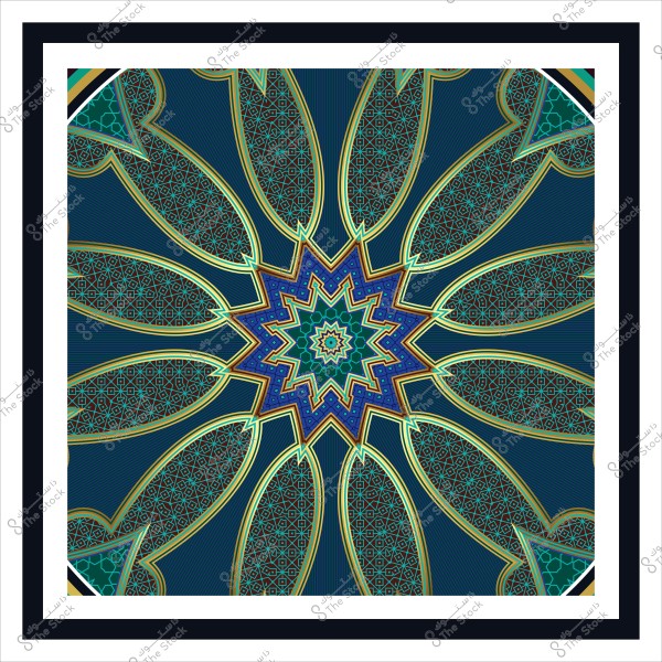 تصميم زخارف إسلامية معقدة بأشكال هندسية ونغمات زرقاء وخضراء.