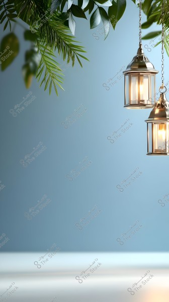 An image featuring two illuminated metallic lanterns hanging from above against a calm blue background. From the top extends a collection of green branches adorned with leaves, forming an attractive frame for the lanterns.