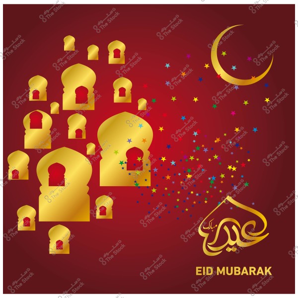 تصميم عيد مبارك باللون الذهبي على خلفية حمراء مع هلال ونجوم ملونة.