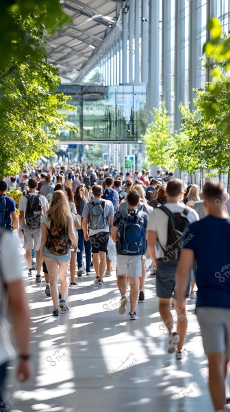 A back view of a crowd of people walking in a sunlit indoor corridor. The group is wearing casual clothing and moves through green trees and glass walls that reflect light from large windows.