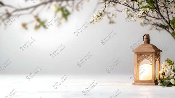 The image features a lit wooden lantern placed on a white surface. Surrounding the lantern are white flowers. A branch with white blossoms spans across the top of the image, creating a serene and natural ambiance.