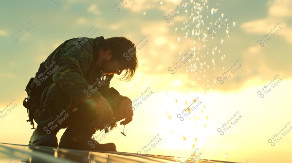 An image of a person crouching down wearing a camouflaged military outfit with spots, set against a glowing backdrop of either sunrise or sunset. Some water droplets are flying in the air, with a background of a yellow, sunny sky.