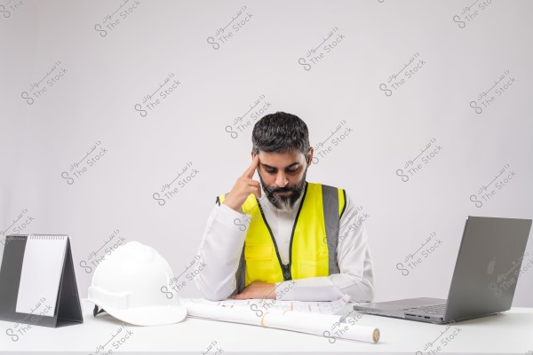 Image of an engineer wearing a yellow safety vest over a white thobe, sitting at a desk. In front of him are a white safety helmet, a laptop, and architectural blueprints. The person appears to be deep in thought or study. The background is neutral in color.