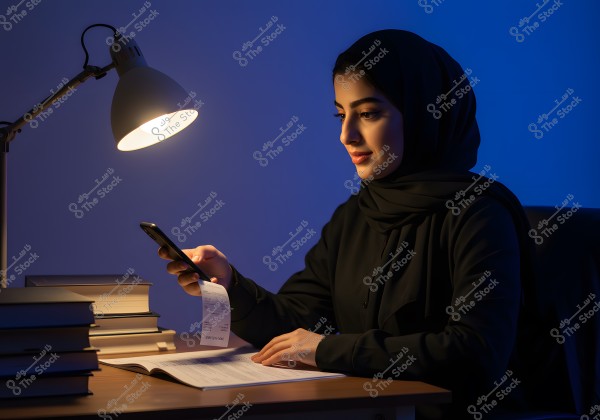 Image of a woman in a black abaya and hijab, sitting at a desk under the light of a lamp. She is examining or reading a document while holding a phone in the other hand. There are stacks of books on the desk, and the scene is softly lit with a calming blue hue.