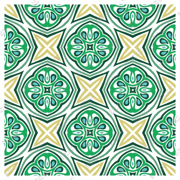 نمط متكرر بزخارف دائرية وخطوط هندسية بألوان خضراء وصفراء على خلفية بيضاء.