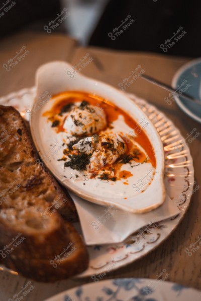 A dish of appetizers featuring yogurt topped with herbs and spicy pepper oil, served with toasted bread.