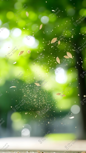 An image showing a blurred green background with small leaves and seeds floating in the air. The details suggest a dynamic movement of the leaves and seeds as if they are dancing in the air, with neutral sunlight filtering through the trees.