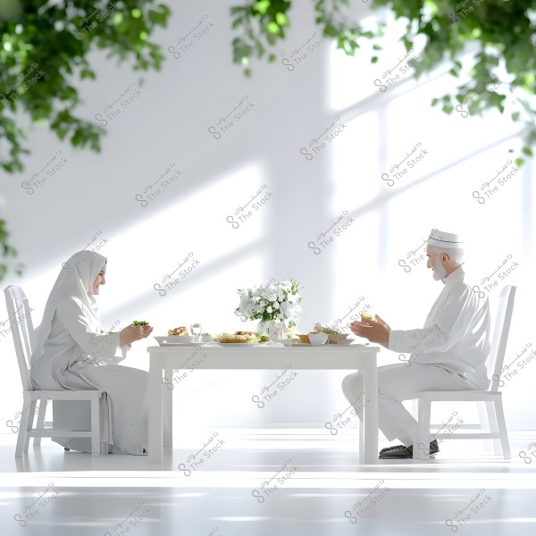 A man and a woman are seated at a white dining table in a bright, modern setting. The man is wearing a traditional robe and cap, while the woman is in a white hijab and abaya. The table is adorned with a variety of dishes and a bouquet of white flowers in the center, creating a calm and peaceful ambiance. The scene appears to be associated with hospitality or celebration traditions in an Arab or Islamic region.
