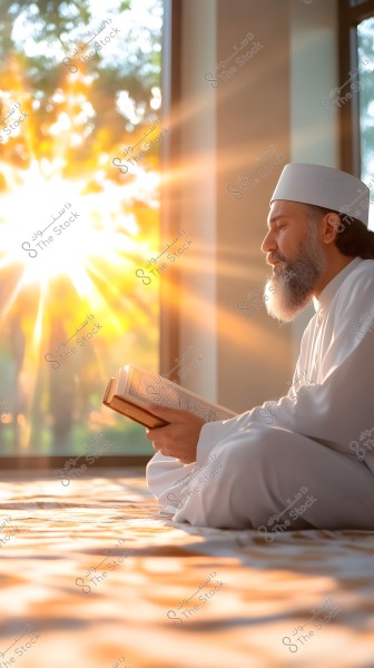 A man sitting on the floor wearing a white traditional robe and a head covering, reading a holy book. Golden sunlight streams in from the window behind him, creating a serene and illuminated atmosphere.