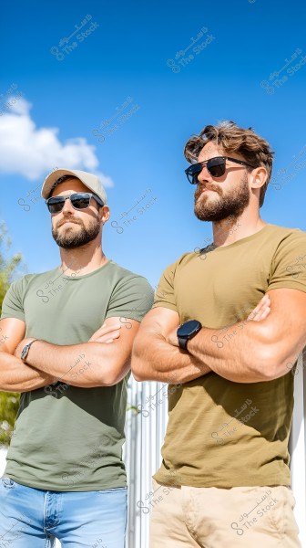 Two men standing outdoors under a sunny blue sky with light clouds. Both are wearing sunglasses and have their arms crossed. The man on the left wears a baseball cap, a light green shirt, and jeans. The man on the right wears a brown shirt and beige trousers. Both are wearing wristwatches.