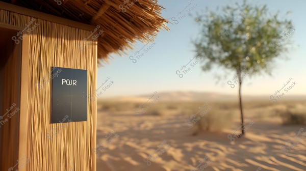 An image showing part of a hut made of straw and wood in the desert. On the wall of the hut, there is a sign with unclear letters. In the background, a desert scene appears with a single tree standing out against the rippling sands under a blue sky.