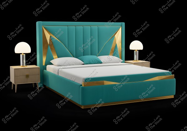 An image of a luxurious bed with a simple modern design, featuring a turquoise color with gold accents. The bed has a padded headboard with geometric gold embellishments. On either side, there are wooden nightstands, each with a table lamp that has a glass base and a glowing white dome. The black background highlights the design details beautifully.