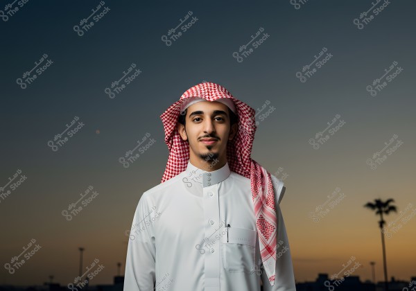 A portrait of a young man wearing traditional Saudi attire, including a white thobe and a white and red ghutra, at sunset with a dark sky in the background and a distant palm tree. The young man is slightly smiling and standing confidently.