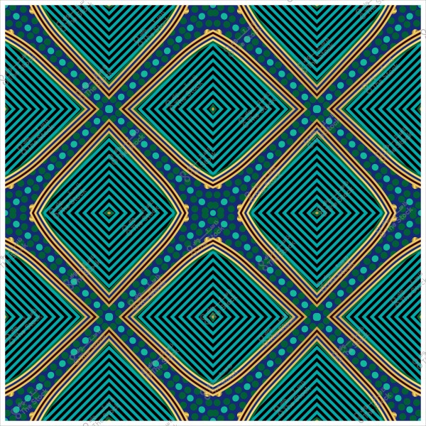 نمط هندسي متكرر يتكون من أشكال ماسية وألوان زرقاء وبرتقالية مع تفاصيل خطوط متعرجة ونقاط.