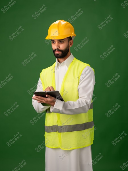 رجل يرتدي خوذة أمان صفراء وسترة عاكسة, يستخدم جهاز لوحي.