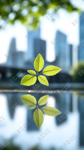 Image of floating green leaves consisting of four leaflets from a plant, reflecting in calm water. In the background, a cityscape with tall, blurred buildings is visible, highlighting the aesthetic contrast between natural elements and urban structures.