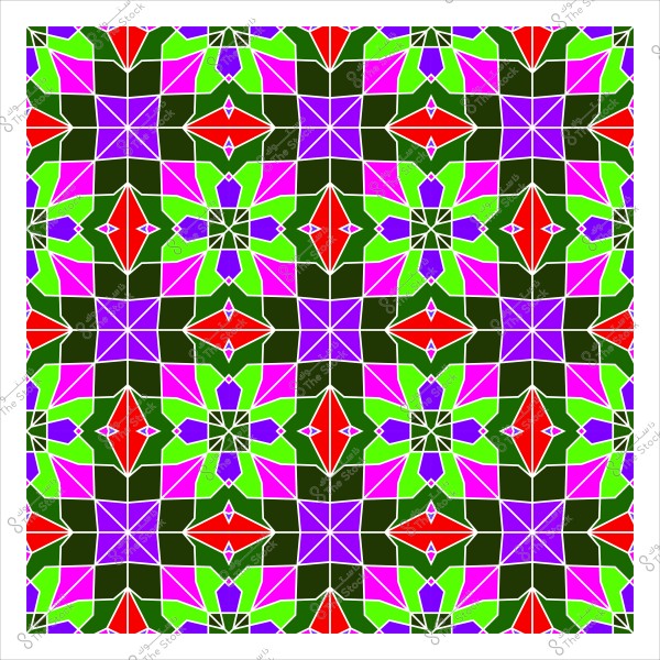 صورة لنمط هندسي بألوان زاهية تتضمن الأحمر, الأخضر, البنفسجي, والزهري, تتكون من أشكال متكررة تتداخل لتشكيل تأثير فسيفسائي متماثل. يتوسط التصميم مربعات ونجوم وخطوط متقاطعة, مما يضفي مظهرًا كلاسيكيًا وفنيًا على التصميم.

-