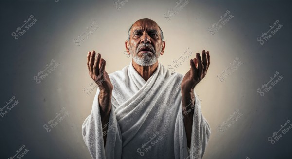 An image of a man with a white beard wearing traditional Ihram clothing, consisting of a white cloth wrapped around the body and shoulders. The man is holding his hands in a prayer position, with a neutral background.