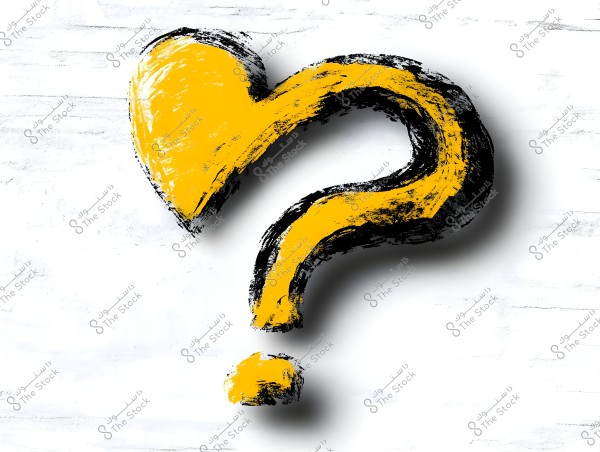 An artistic question mark painted with black and yellow colors on a white background, with the top part in the shape of a heart.