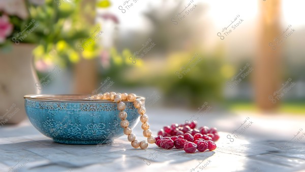 An image showing a decorative blue bowl on a marble table, with a prayer bead string made of pearl-colored beads draped over it. Next to the bowl are dark red berries. The background is blurred with softly lit trees and flowers.