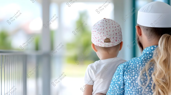 The image shows a man and a child from behind. The man is wearing a blue shirt with white floral patterns and a white cap, while the child is wearing a light-colored printed cap with small patterns and a white shirt. The background is blurred with light green and blue colors, suggesting they are in an open space or on a balcony.