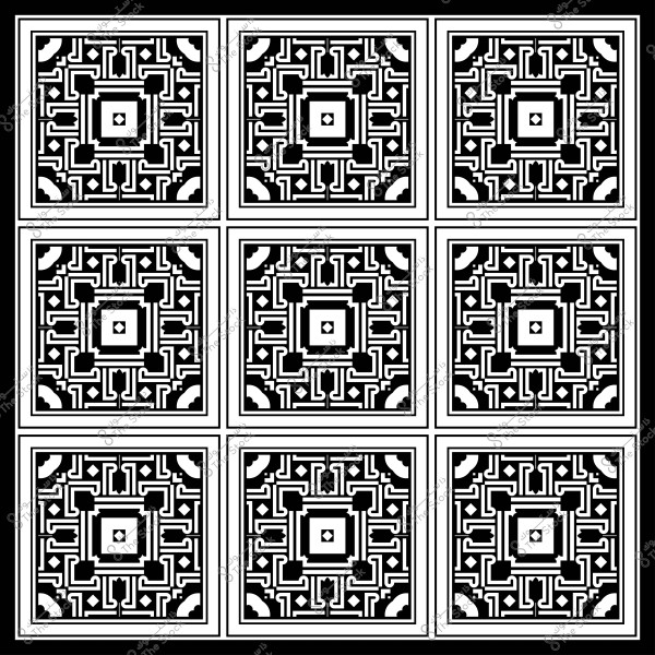 تصميم هندسي ذو نمط مكرر بالأبيض والأسود يشكل شبكة من المربعات.