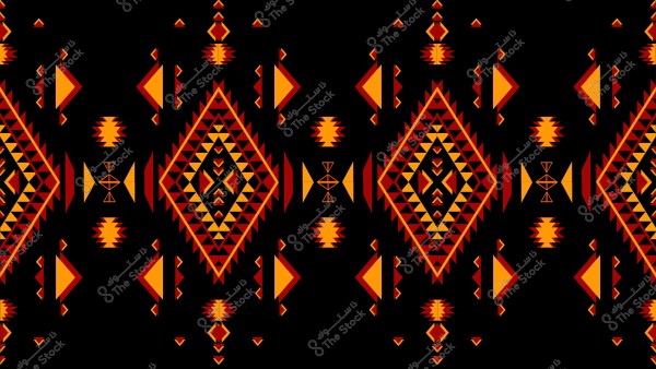 تصميم هندسي متماثل بزخارف تقليدية بألوان الأحمر والبرتقالي على خلفية سوداء. الشكل الرئيسي يتكون من مثلثات وأشكال ماسية مرتبة بشكل متناظر.