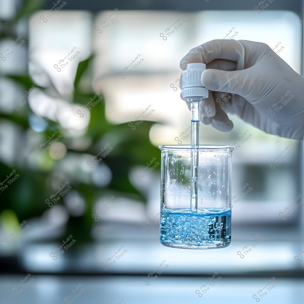 An image showing a hand wearing a white glove holding a dropper and dispensing blue liquid into a glass beaker. A plant is visible in the background, but out of focus.