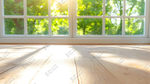 تظهر الصورة أشعة الشمس الدافئة وهي تتسلل عبر نافذة كبيرة مؤلفة من عدة ألواح زجاجية. الأرضية خشبية وتظهر بشكل واضح بفضل الضوء الطبيعي الساقط عليها. في الخارج, تظهر أشجار خضراء غير واضحة الإطار توحي بحيوية الطبيعة وجمالها.