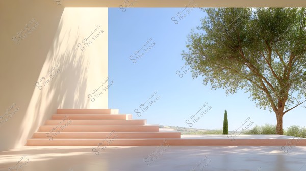 A natural scene depicts a part of a building with a smooth facade and sunlight casting shadows on the wall. Light pink steps lead outward, where a large tree with green leaves and other plants can be seen in the background under a clear blue sky.
