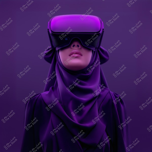 An image of a person wearing a dark purple hijab and purple virtual reality headset. The background and clothing are beautifully coordinated with the dominant purple color, adding a modern and futuristic touch to the image.