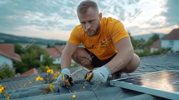 A man wearing an orange shirt and black shorts, working on installing a solar panel on a sloped roof. He is wearing work gloves and holding a hand tool. Yellow wildflowers are visible around him, with a scenic background of houses, trees, and hills under a cloudy sky.